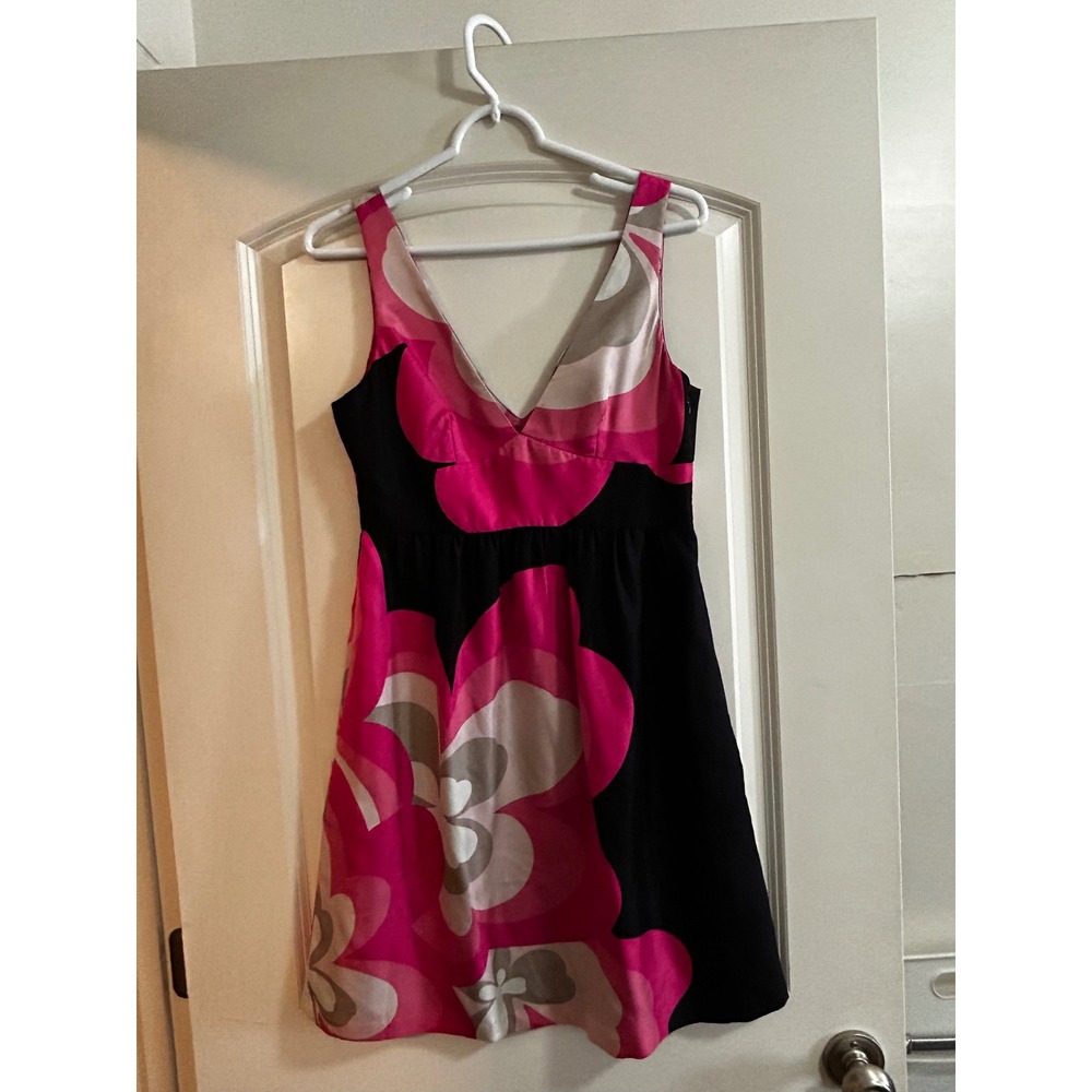 Tibi New York Silk Floral V-Neck Empire Waist Mini Dress Black Pink Size 4